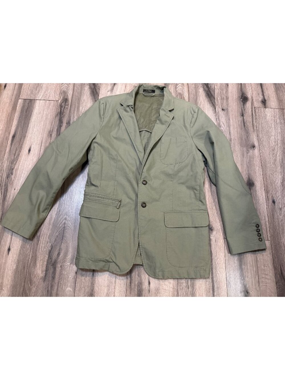 L.L. Bean Mens 42 Tall Green Utility Field Blazer Elbow Patch Jacket Button Pock
